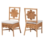 bali & pari Abagale Natural Rattan 2-Piece Dining Chair Set - Handwoven Wicker Accent Side Chair with Floral Back and Removable Cushion, Artisanal Seating for Kitchen or Dining Room